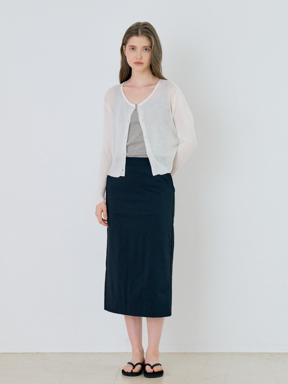 Classic Nylon Pencil Midi Skirt - Navy