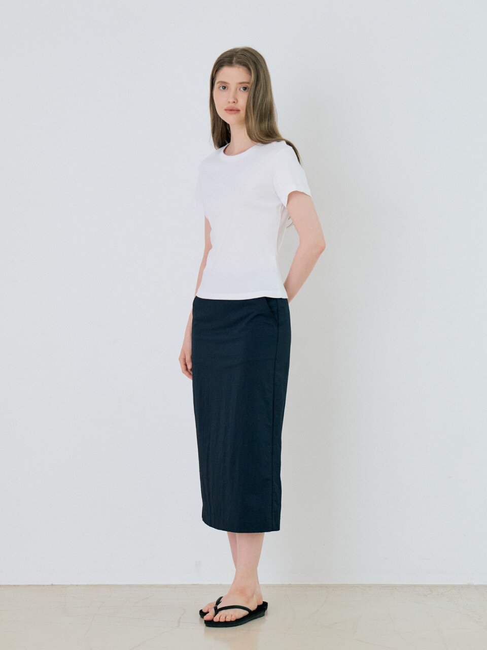 Classic Nylon Pencil Midi Skirt - Navy