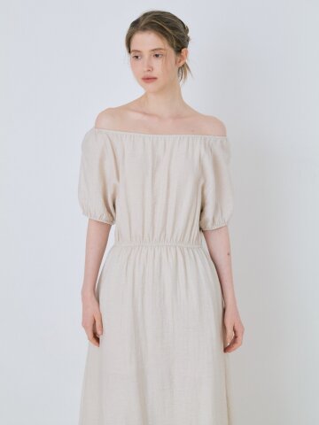 Linen Off-Shoulder Banding Long Dress - Beige