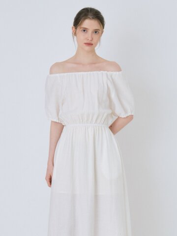 Linen Off-Shoulder Banding Long Dress - Ivory