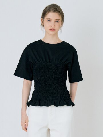 Basic Smocked Cotton Blouse T-Shirt - Black