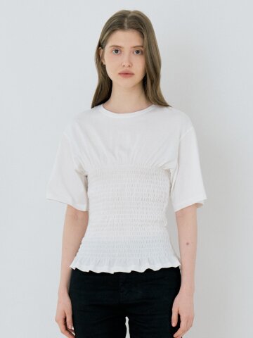 Basic Smocked Cotton Blouse T-Shirt - White