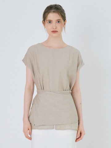[SET-UP] Linen Wrap Half Sleeve Blouse - Light Khaki