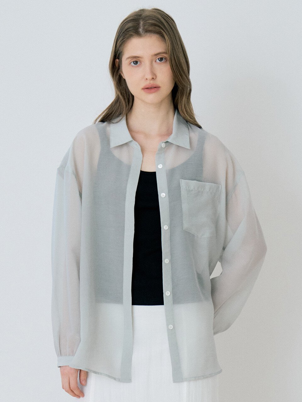 Classic Linen Sheer Shirring Shirt - Light Gray