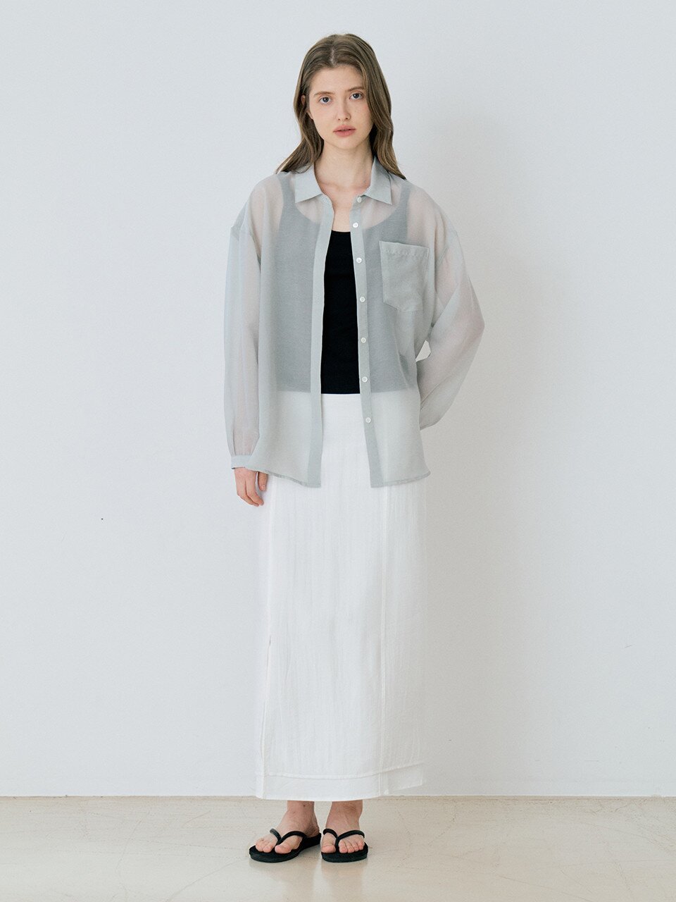 Classic Linen Sheer Shirring Shirt - Light Gray