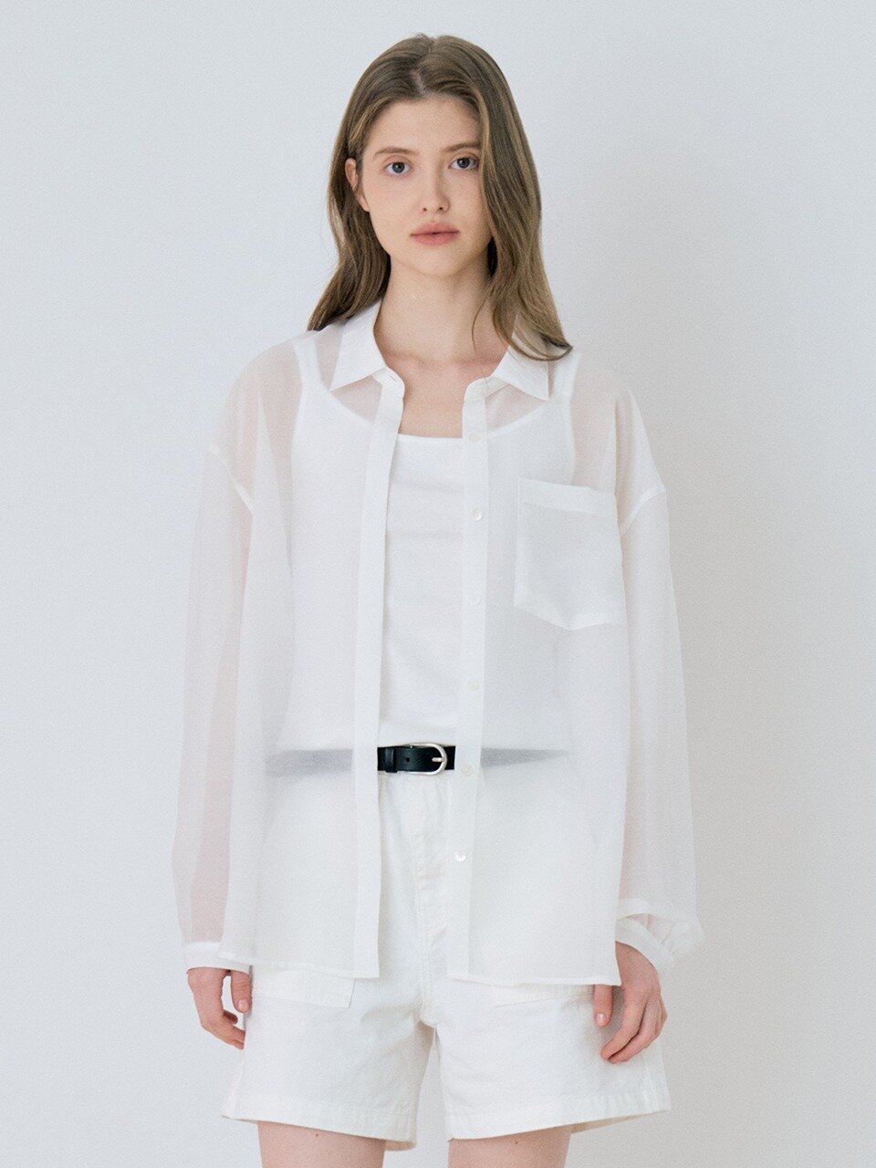 Classic Linen Sheer Shirring Shirt - White