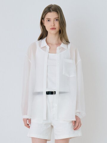 Classic Linen Sheer Shirring Shirt - White