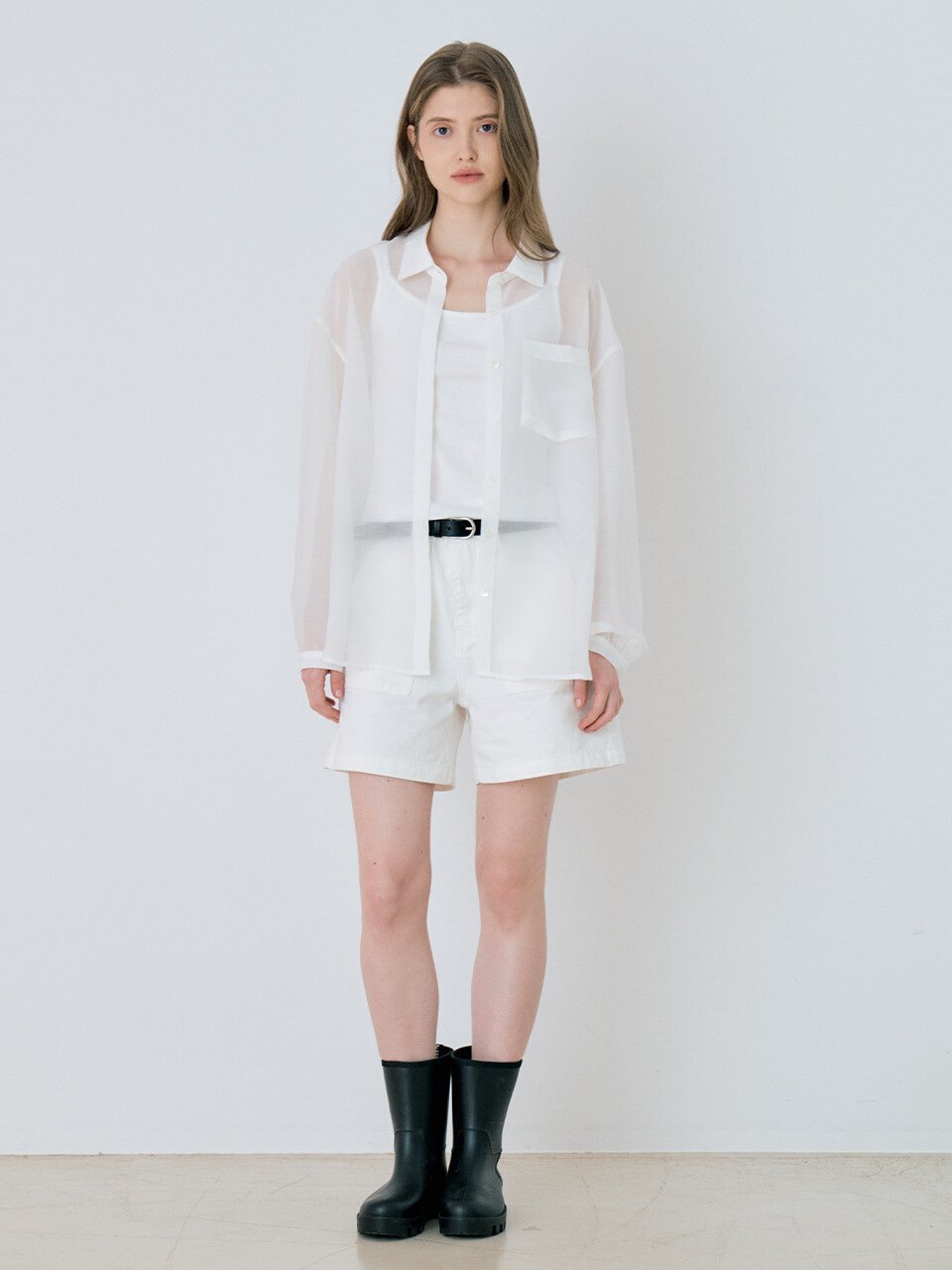 Classic Linen Sheer Shirring Shirt - White