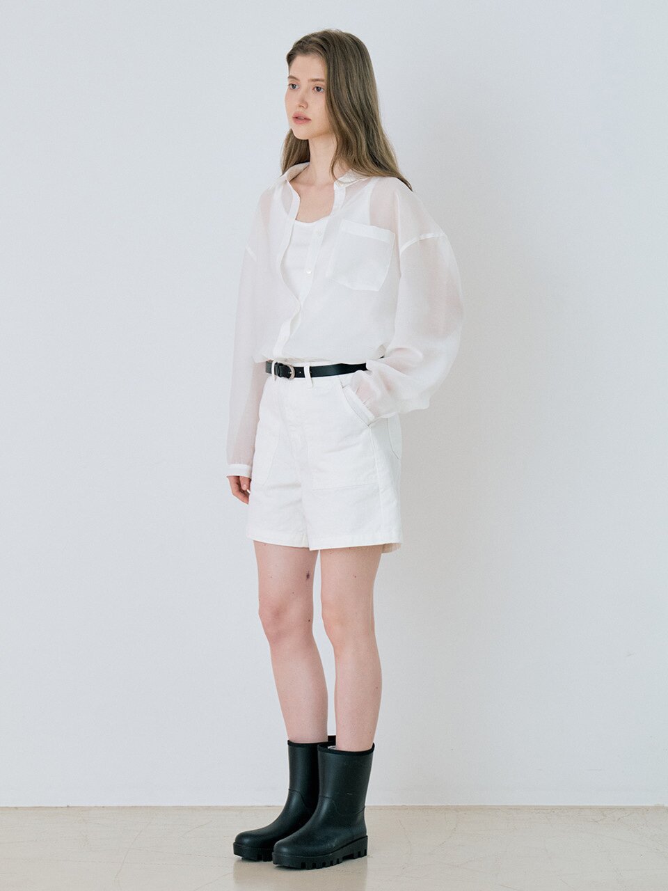 Classic Linen Sheer Shirring Shirt - White