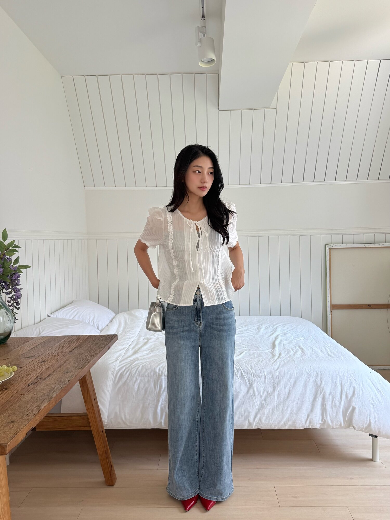 와이드핏 히든밴딩 워싱 데님팬츠 (LIGHT BLUE)