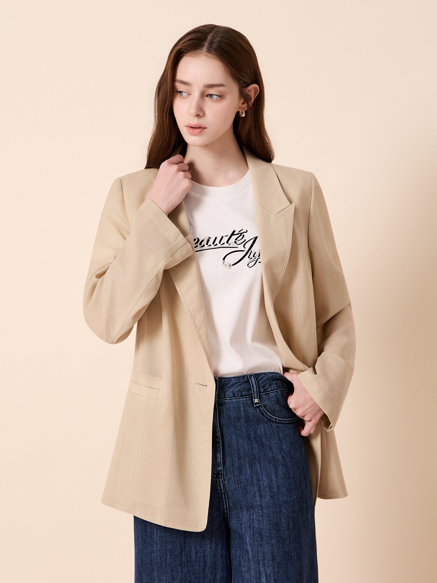 울 블렌드 싱글 버튼 테일러드 자켓 (BEIGE)