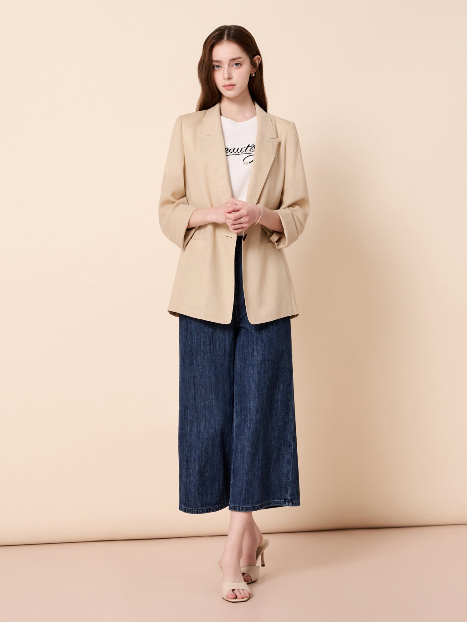울 블렌드 싱글 버튼 테일러드 자켓 (BEIGE)