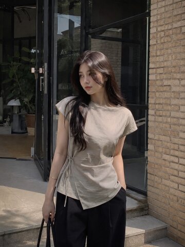 린넨 캡 슬리브 랩 블라우스 