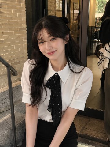 타이 장식 퍼프 슬리브 블라우스 