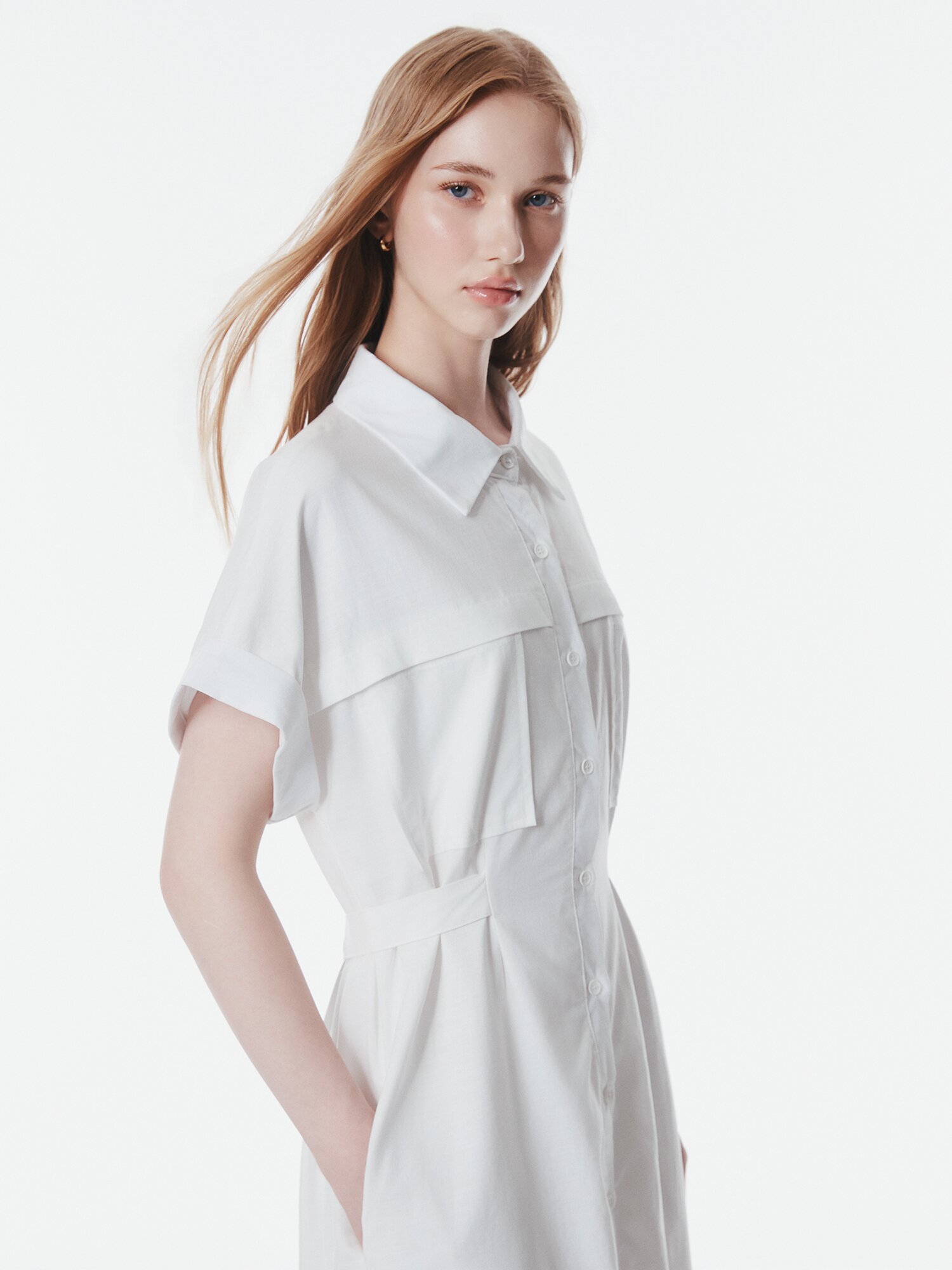 백 벨트 장식 턴업 셔츠 원피스 (WHITE)