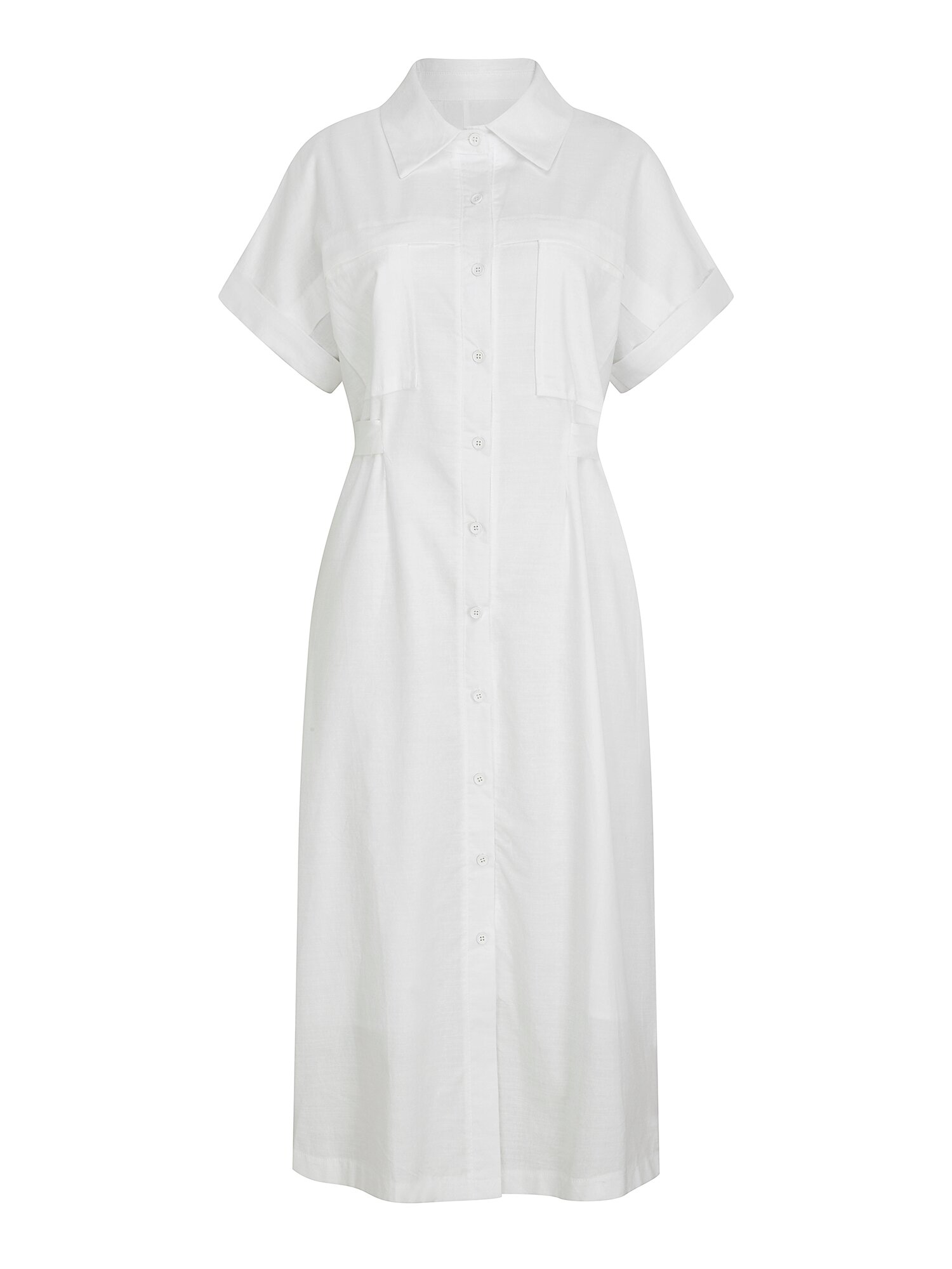 백 벨트 장식 턴업 셔츠 원피스 (WHITE)