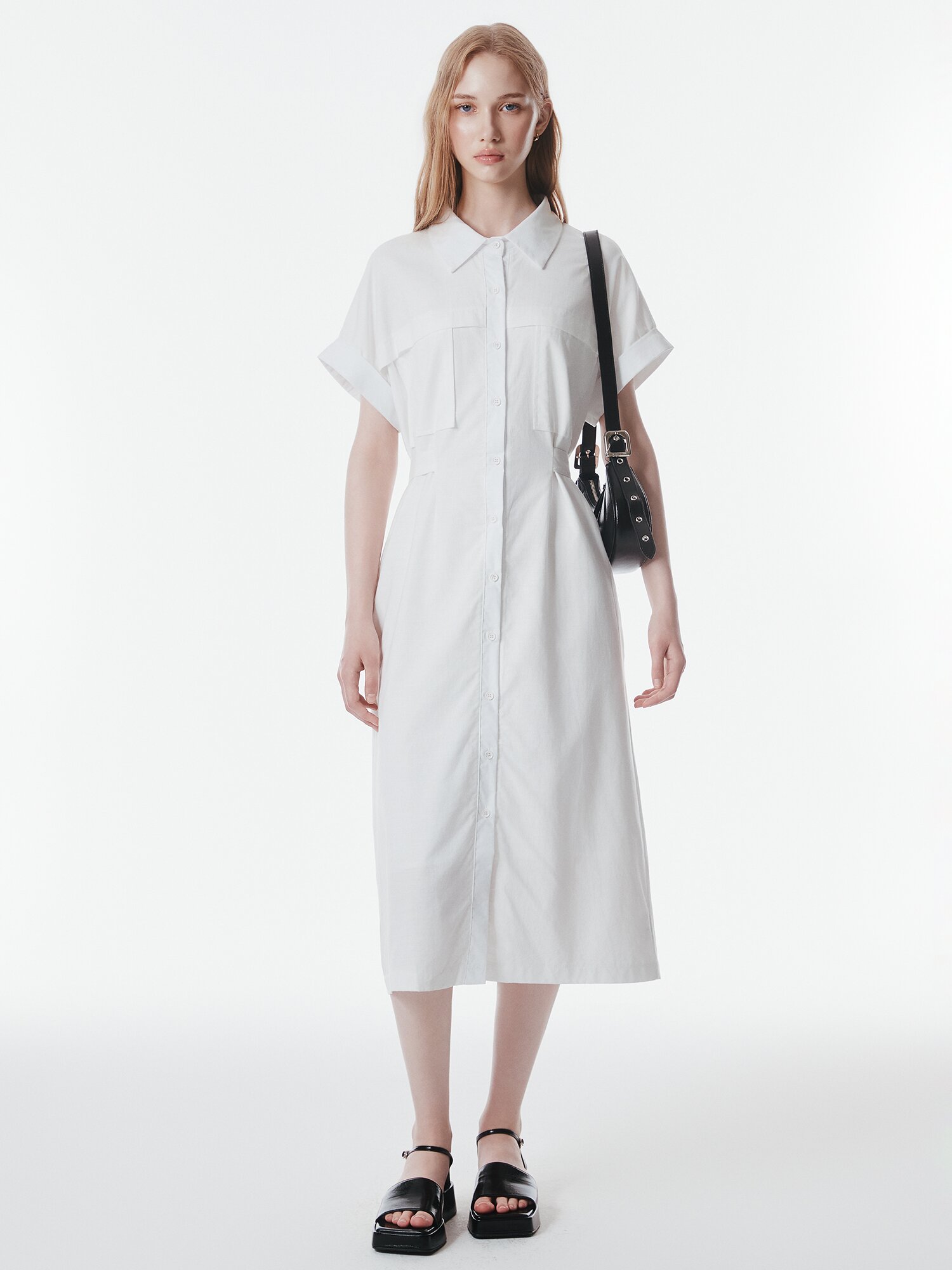 백 벨트 장식 턴업 셔츠 원피스 (WHITE)