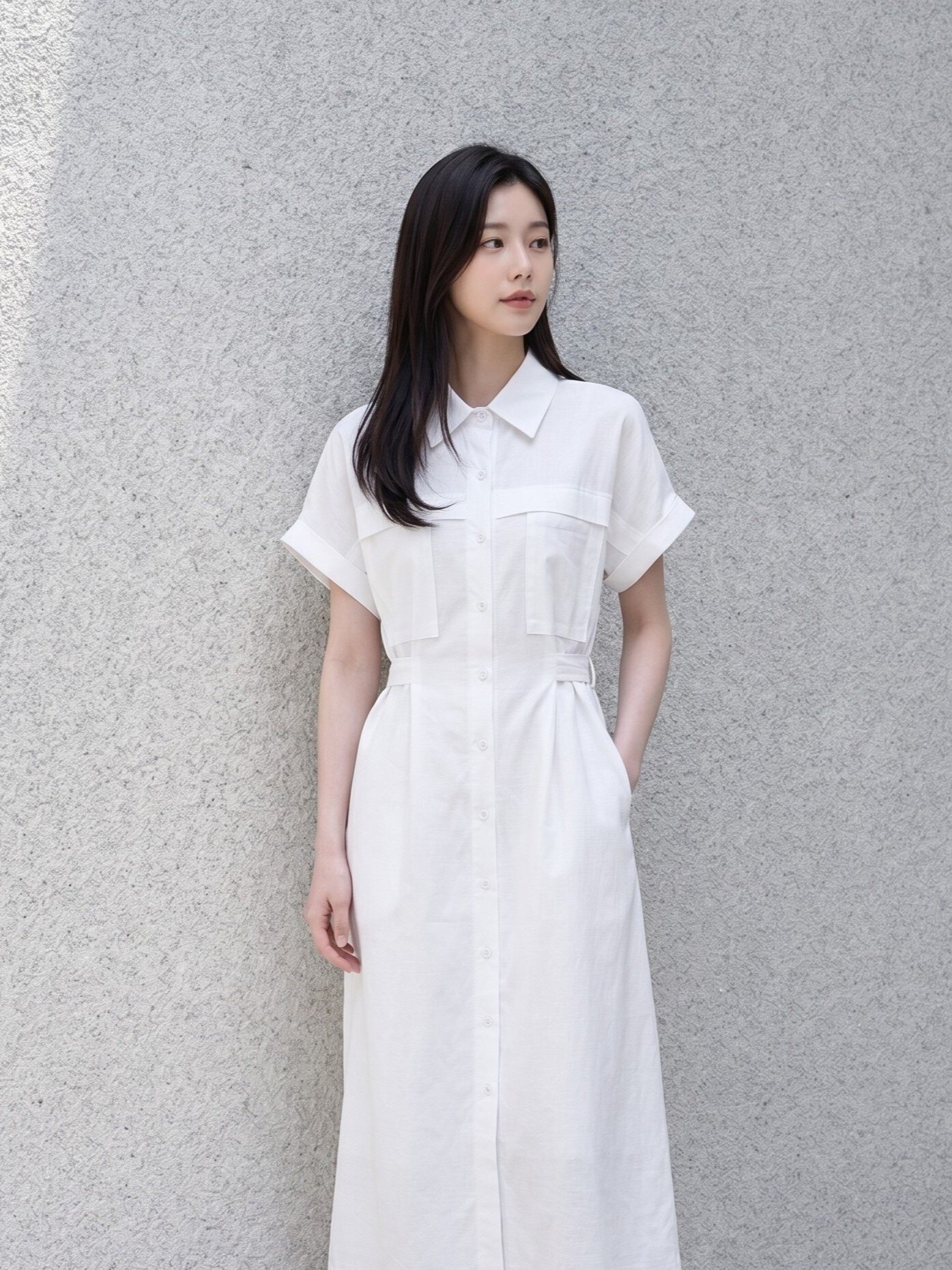 백 벨트 장식 턴업 셔츠 원피스 (WHITE)