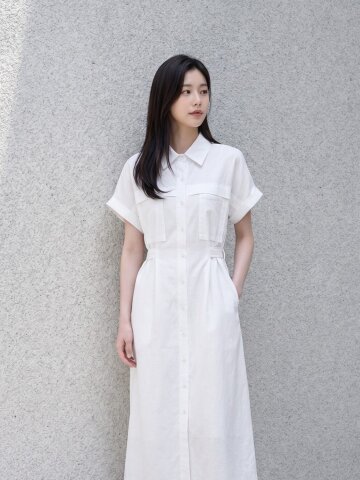백 벨트 장식 턴업 셔츠 원피스 