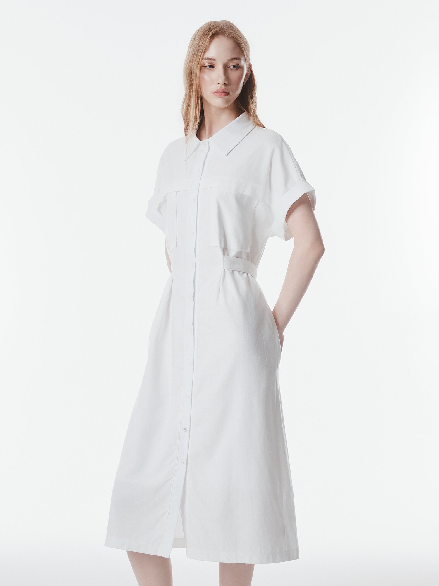 백 벨트 장식 턴업 셔츠 원피스 (WHITE)