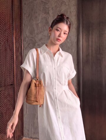 백 벨트 장식 턴업 셔츠 원피스 
