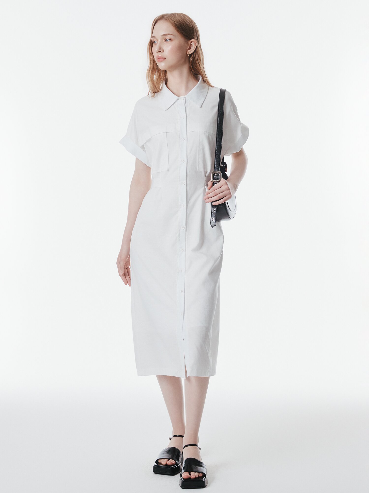 백 벨트 장식 턴업 셔츠 원피스 (WHITE)
