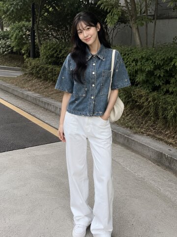 리본 크롭 데님 셔츠 블라우스 