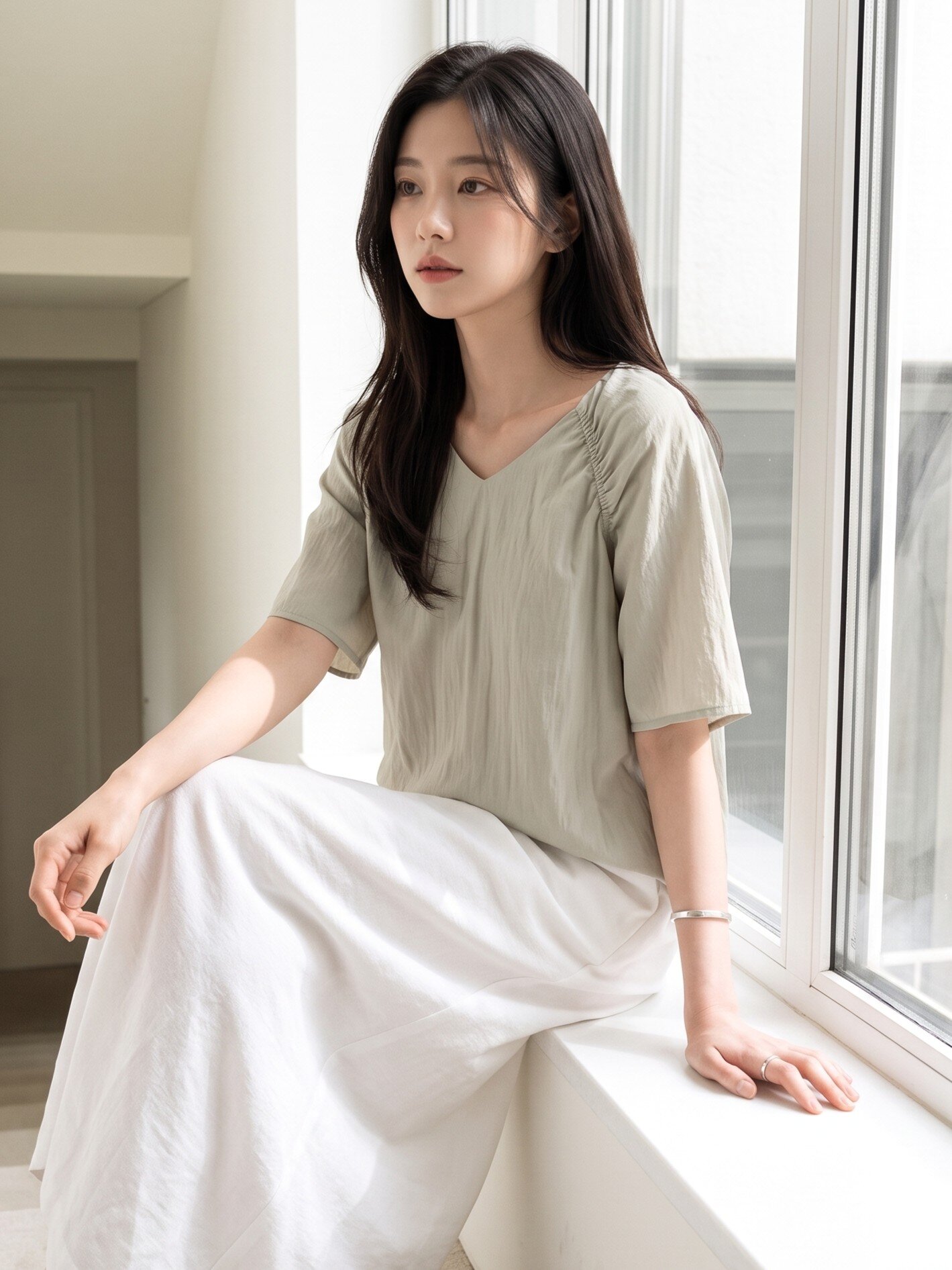 셔링 래글런 브이넥 블라우스 (LIGHT GREY)