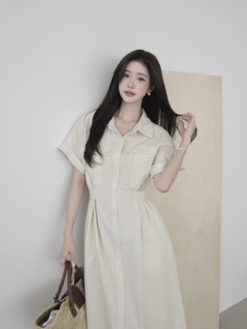 백 벨트 장식 턴업 셔츠 원피스 