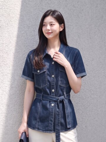 벨티드 턴업 데님 셔츠 블라우스 (INDIGO)