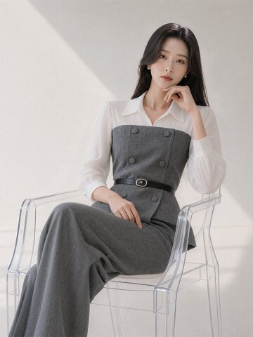 벨티드 배색 뷔스티에 블라우스 