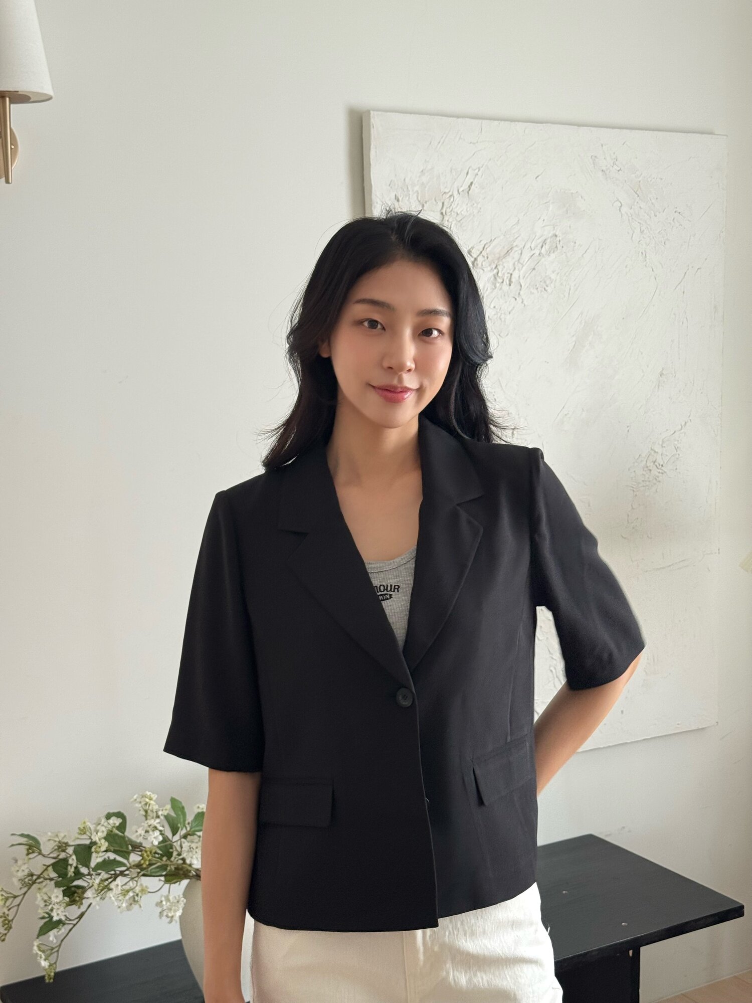 크롭 히든버튼 테일러드 재킷 (BLACK)