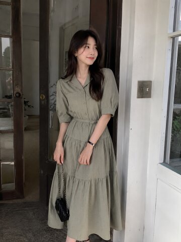시어서커 오픈 칼라 티어드 원피스 
