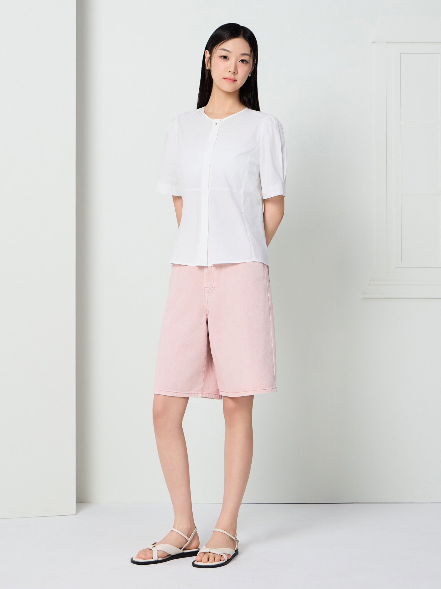 캐주얼 하프 데님 팬츠 (PINK)