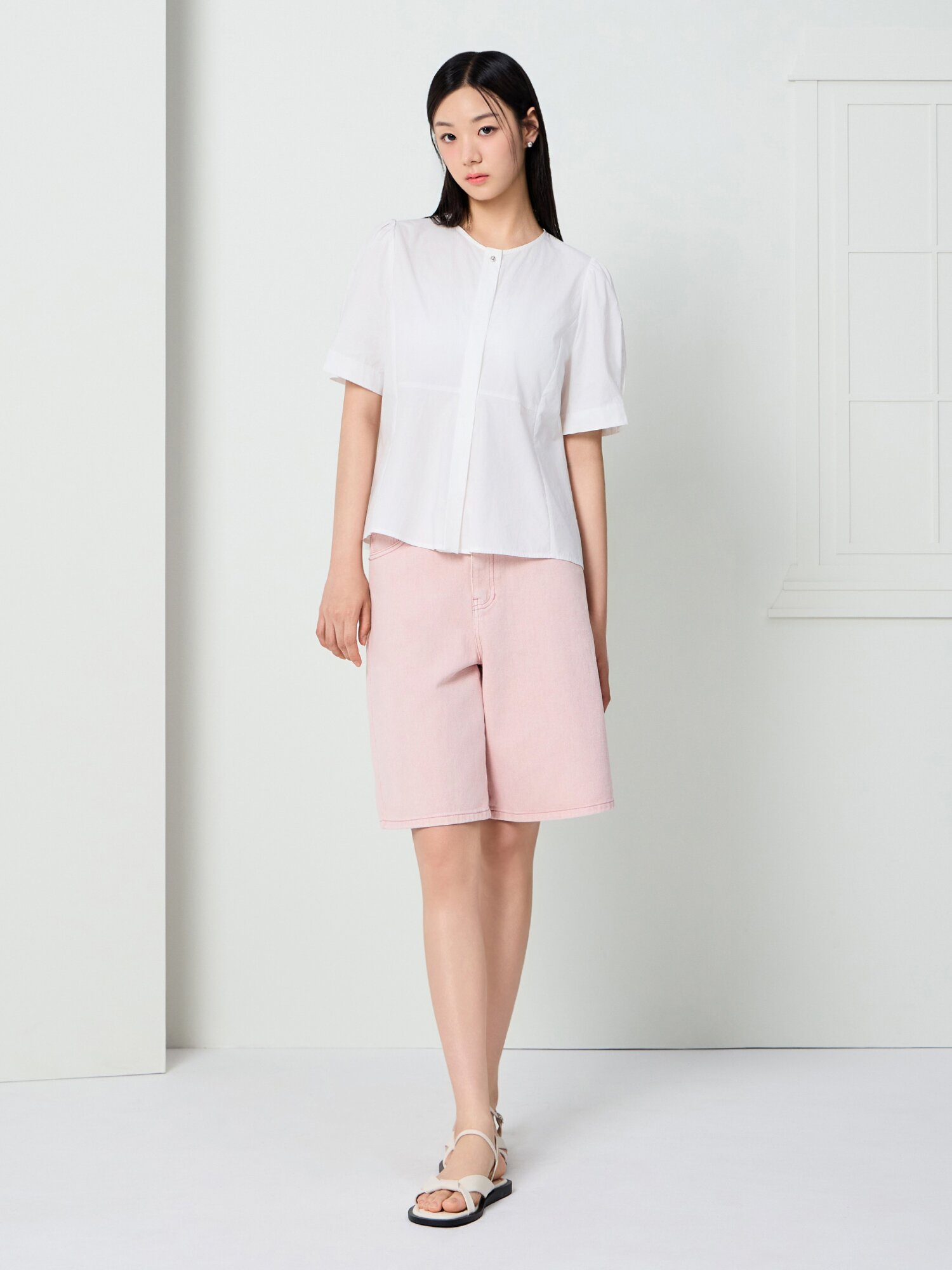캐주얼 하프 데님 팬츠 (PINK)