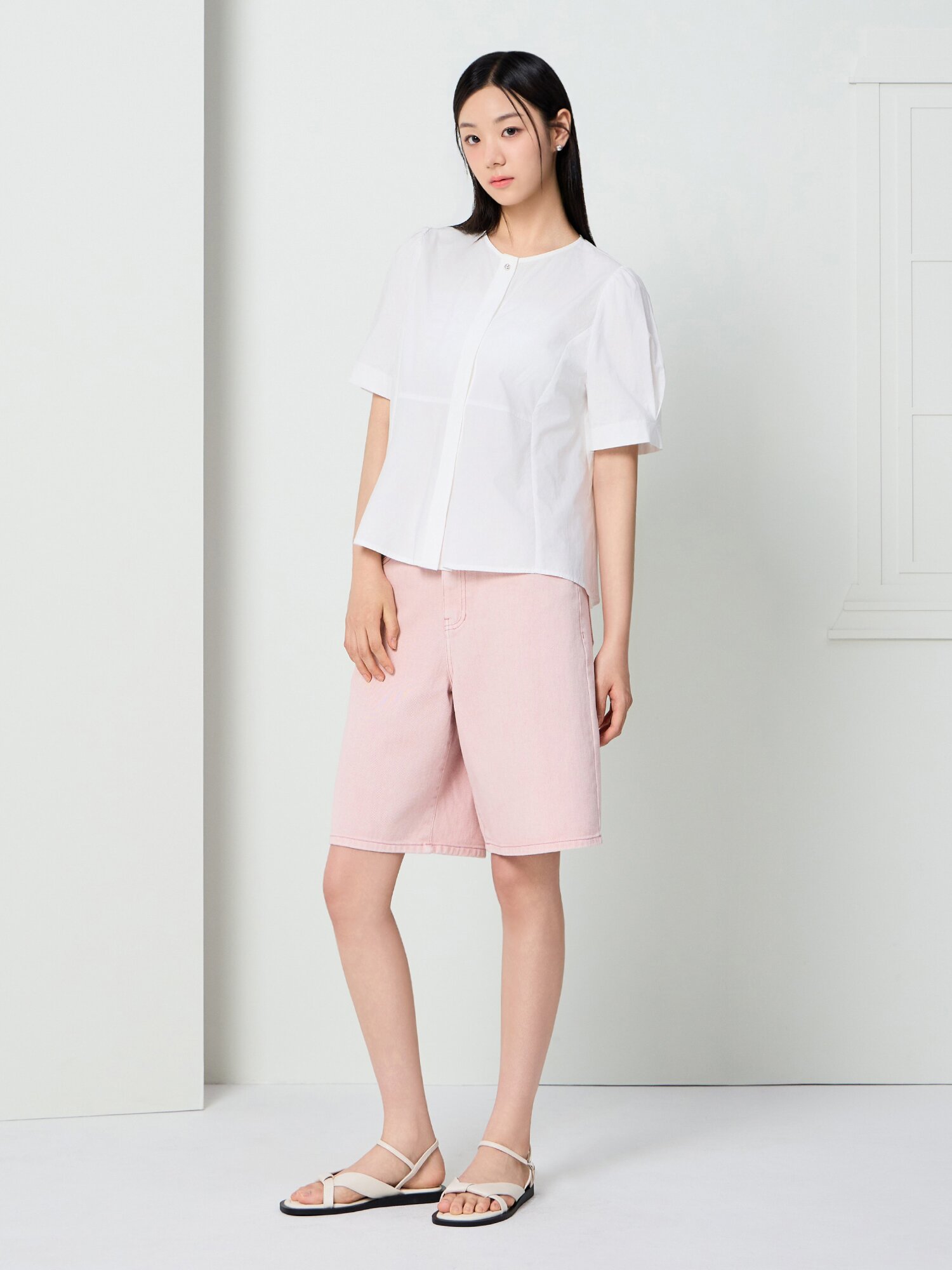 캐주얼 하프 데님 팬츠 (PINK)