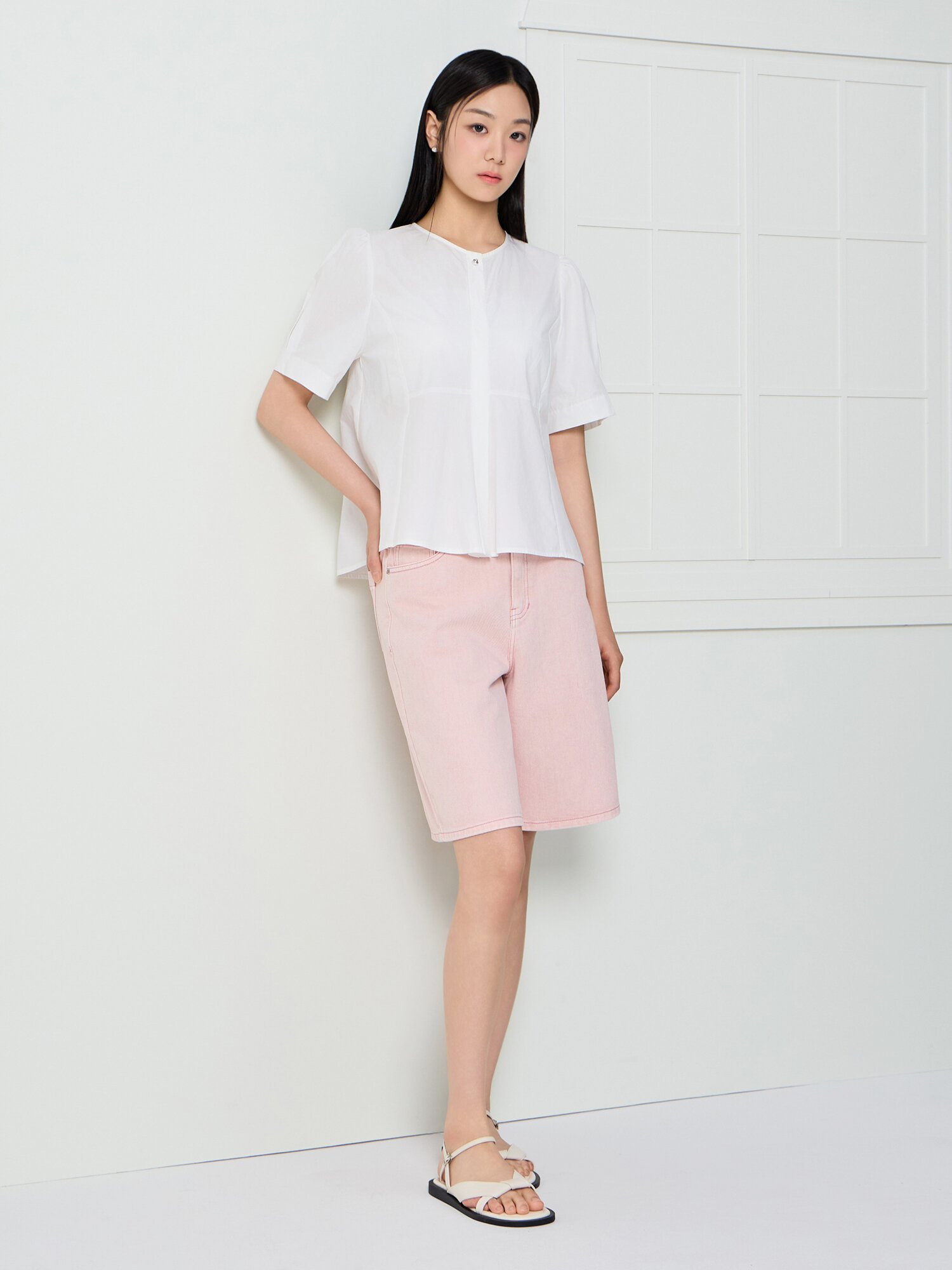 캐주얼 하프 데님 팬츠 (PINK)