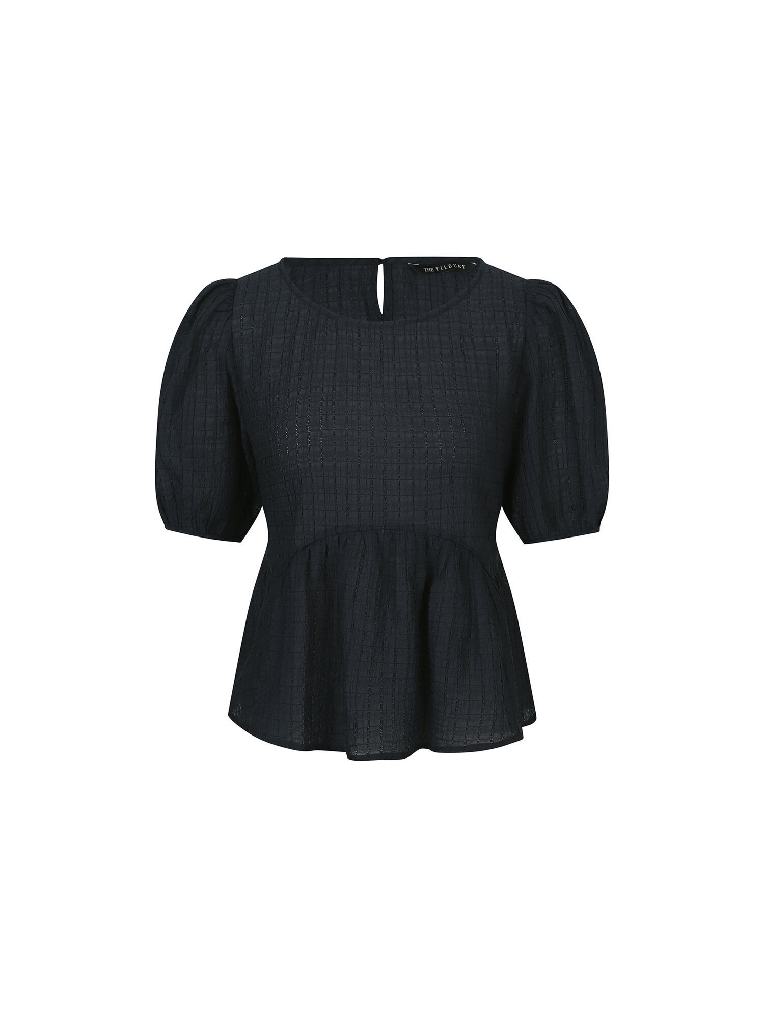 라운드넥 볼륨 셔링 블라우스 (NAVY)