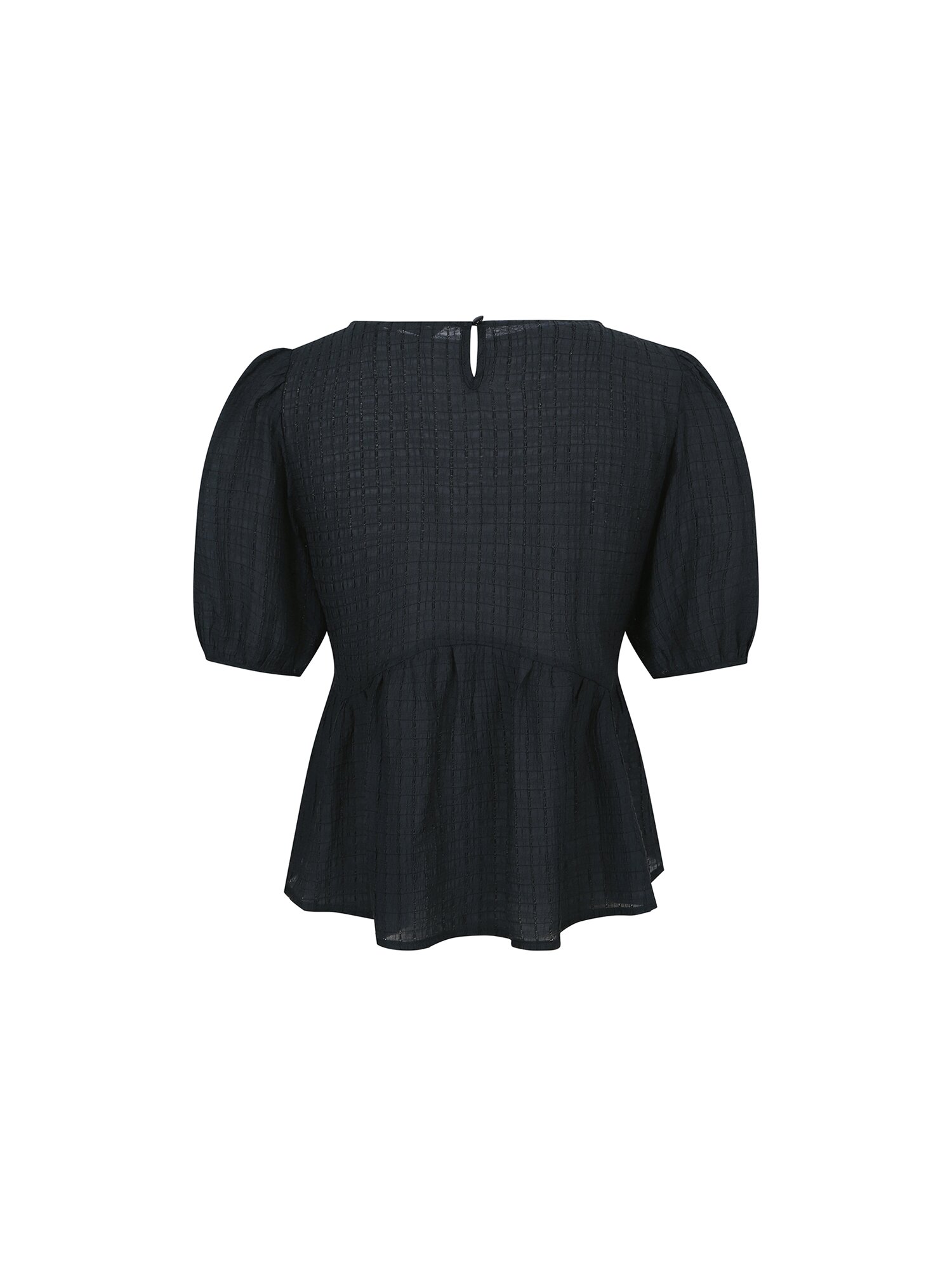 라운드넥 볼륨 셔링 블라우스 (NAVY)