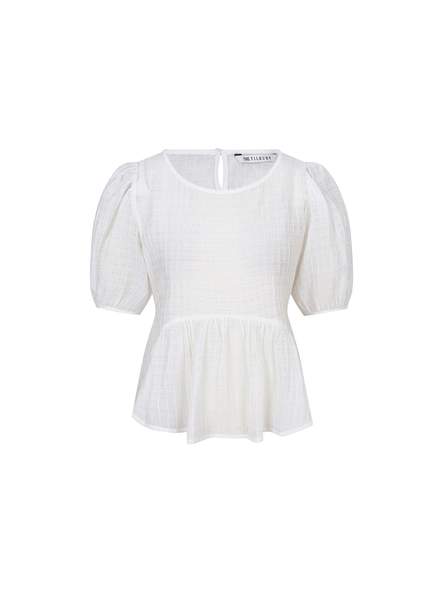 라운드넥 볼륨 셔링 블라우스 (WHITE)