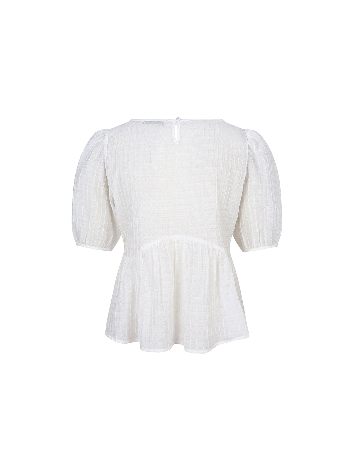 라운드넥 볼륨 셔링 블라우스 (WHITE)
