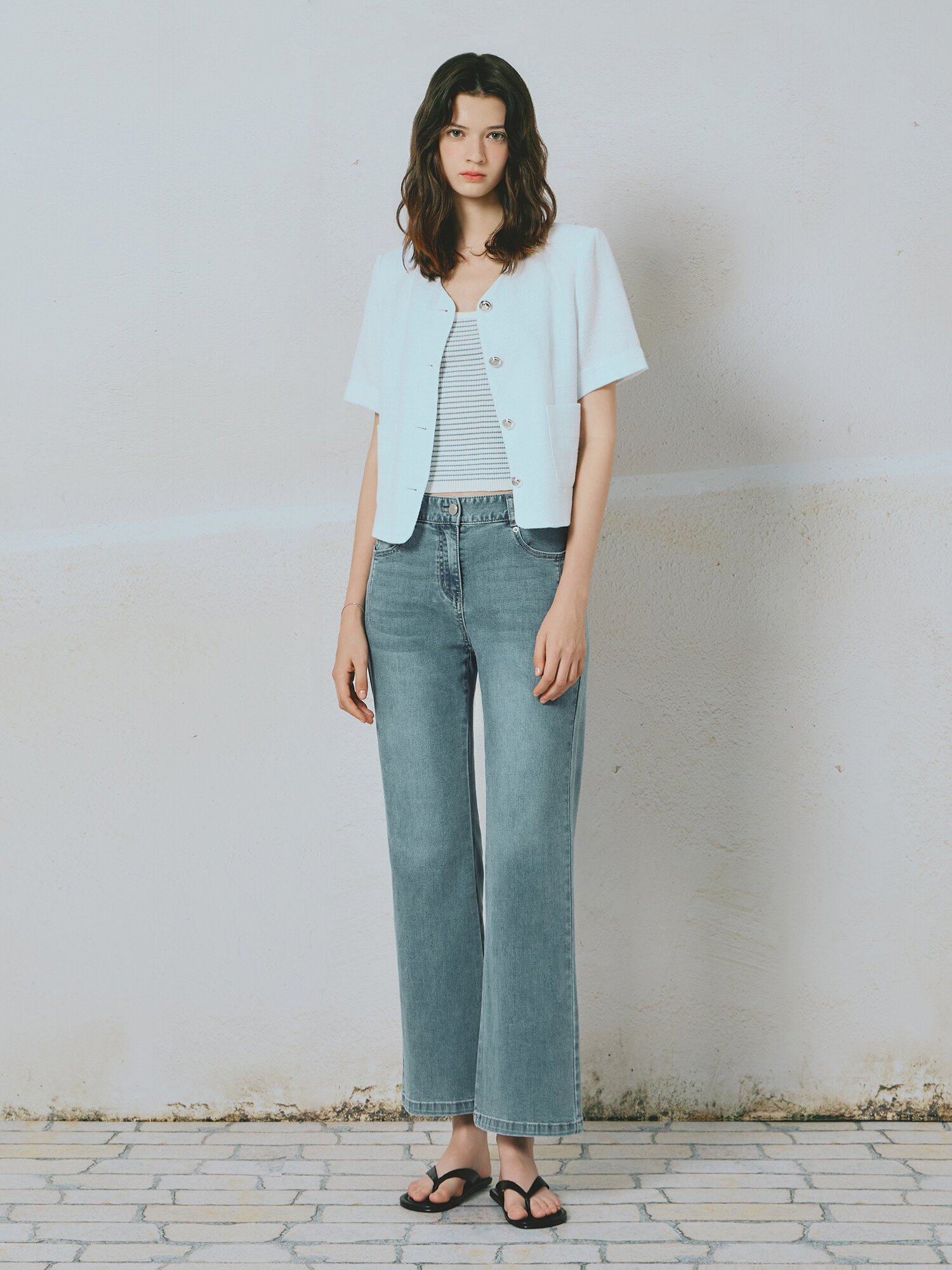 브이넥 포켓 썸머 트위드 재킷 (WHITE)
