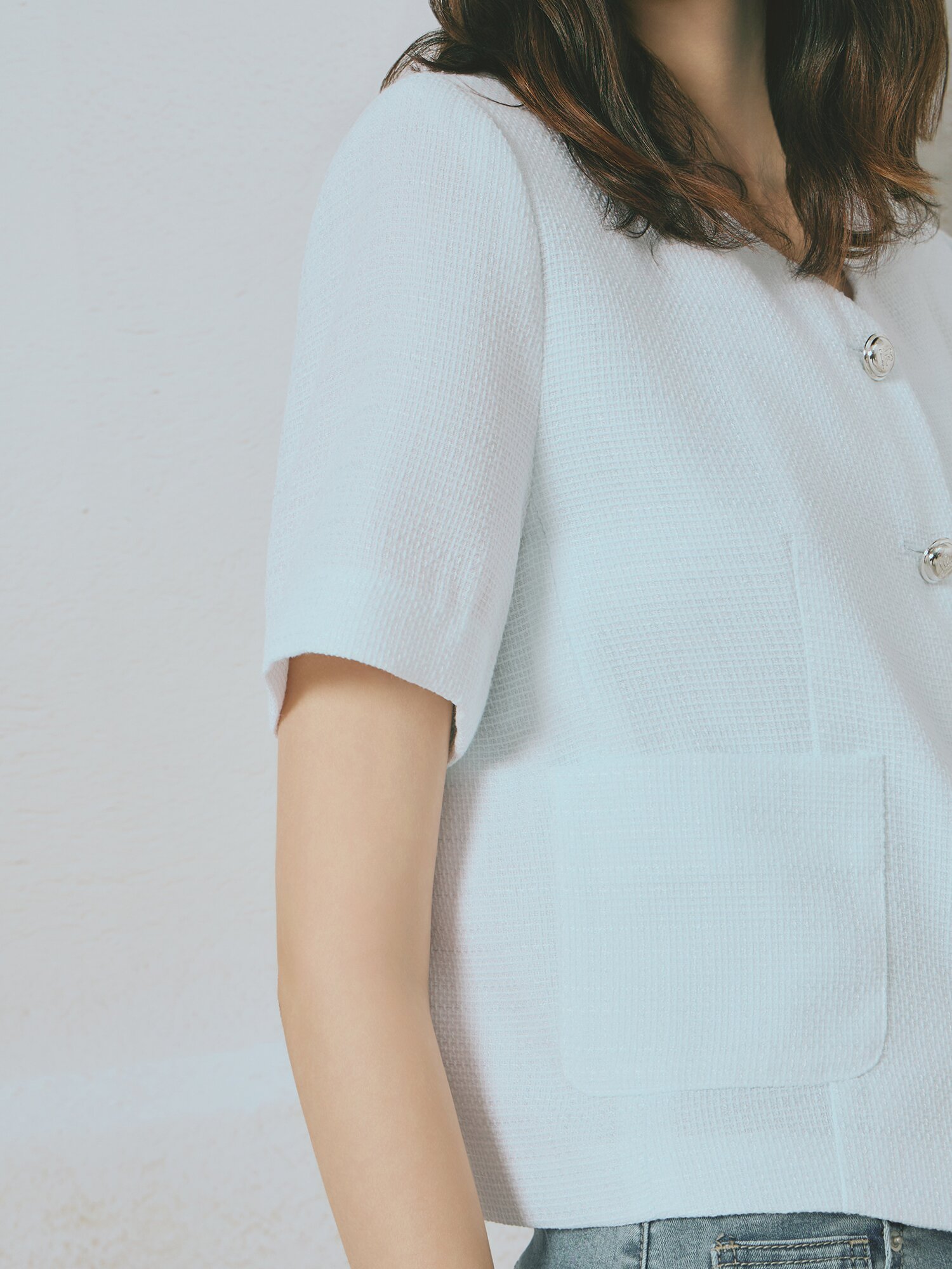 브이넥 포켓 썸머 트위드 재킷 (WHITE)