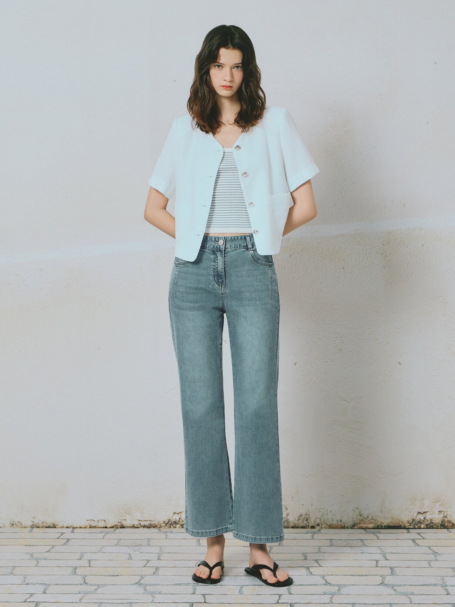 브이넥 포켓 썸머 트위드 재킷 (WHITE)