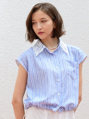 누칸디 코튼 레이스카라 스트링 반팔 셔츠