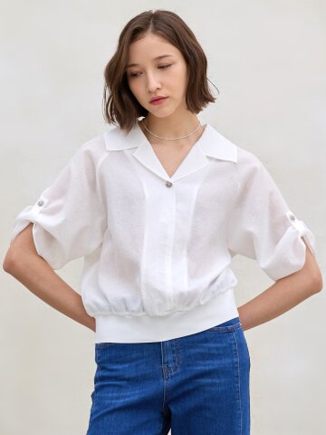 다란나 시어 오픈 카라 밴딩 블라우스