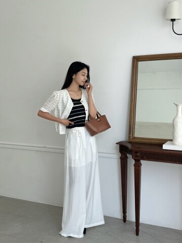 나일론 백 밴딩 벨티드 와이드핏 팬츠 (WHITE)