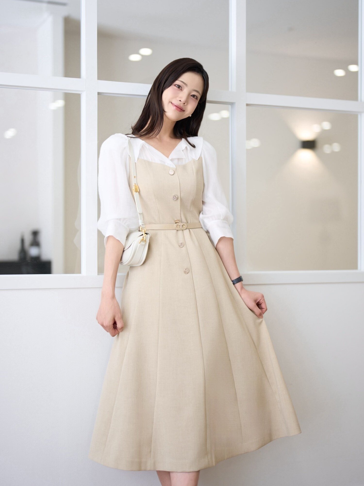 시폰 셔츠 배색 플레어 원피스 (BEIGE)