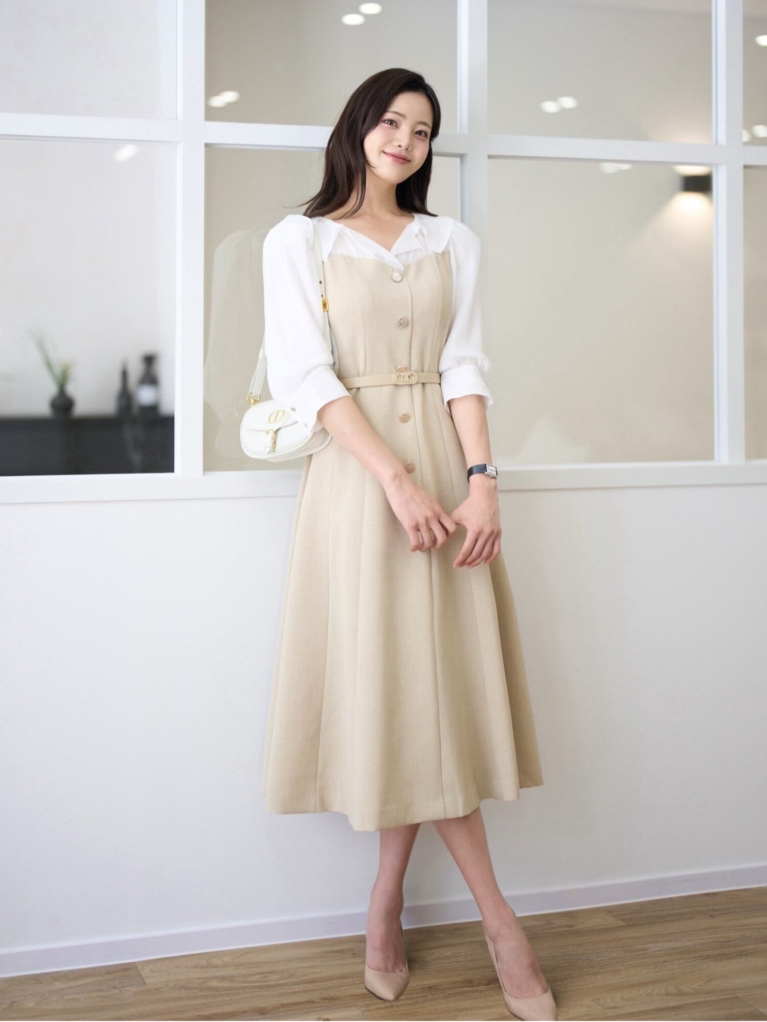 시폰 셔츠 배색 플레어 원피스 (BEIGE)