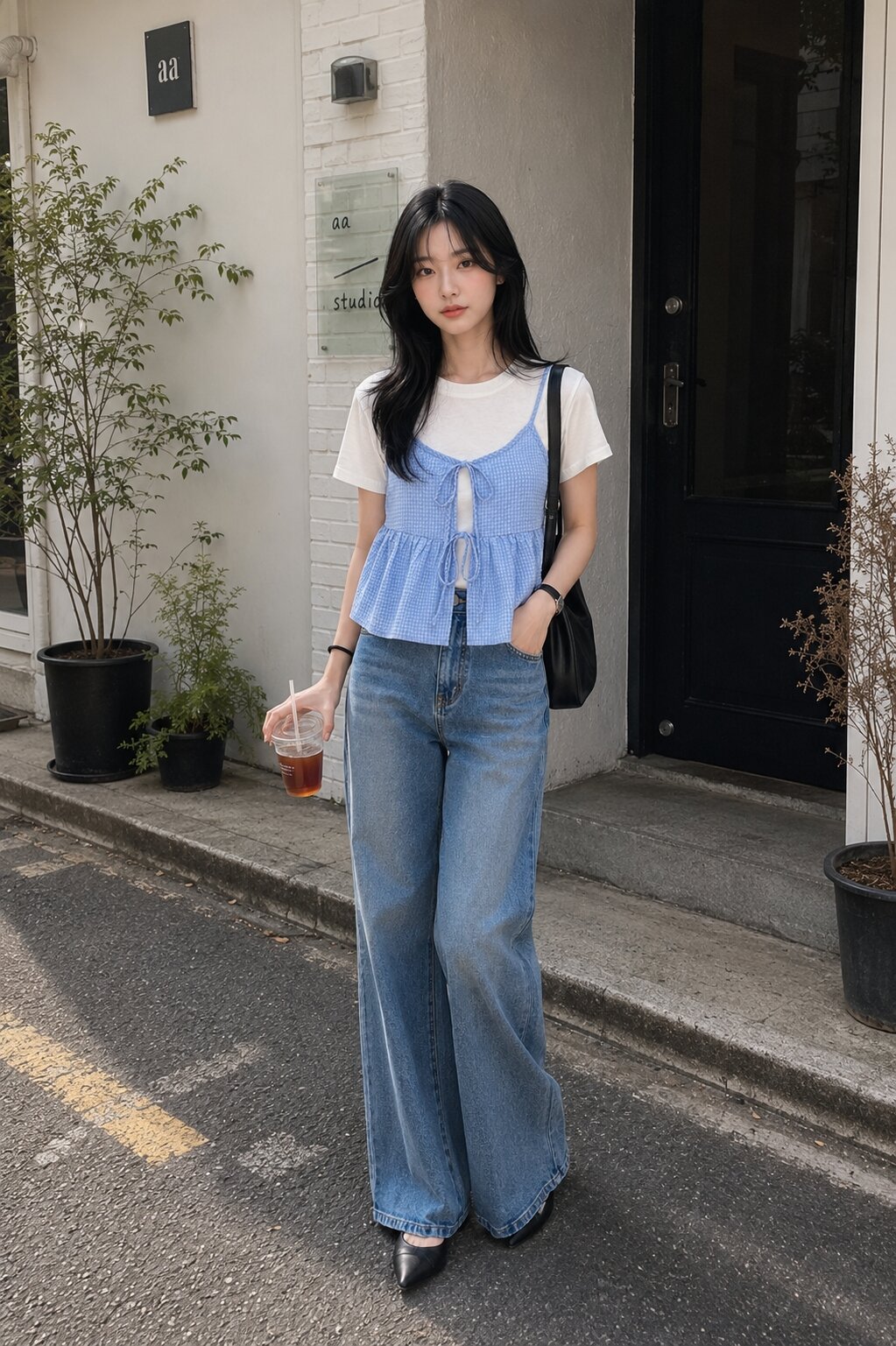 리본 뷔스티에 레이어드 티셔츠 (LIGHT BLUE)